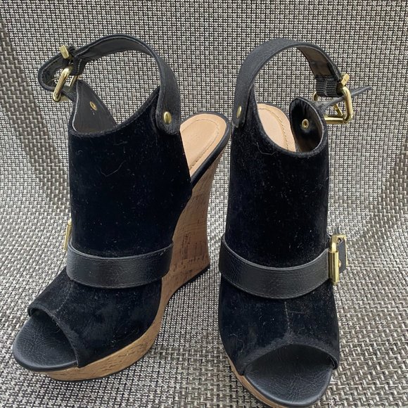 ~Ladies Shoe Dazzle Black Suede Gold Buckle Wedge Cork Slides/Heels~6.5M~NEW!~ - Picture 9 of 9